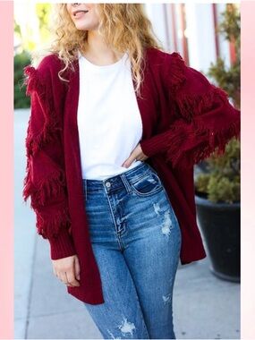 BiBi Burgundy Fringe Sleeve Open-Front Cardigan